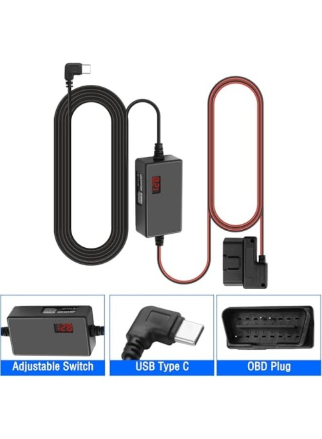 OBD OBD2 USB C Dash Cam Cable, USB C Charger Cable Car Camera Cable with 24 Hours Surveillance, Type C Cable 16Pin OBDII Hardwire Kit for GPS DVR (3.1M) - Image 4